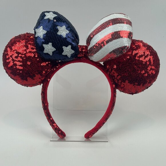 Disney Minnie Mouse Ears Americana Headband Sequins Bow Patriotic 4th of July - Picture 2 of 6